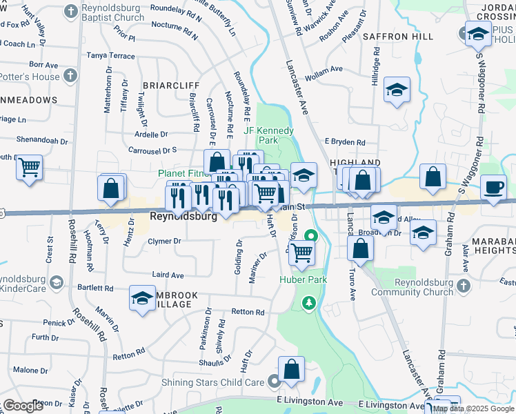 map of restaurants, bars, coffee shops, grocery stores, and more near 7112 E Main St in Reynoldsburg