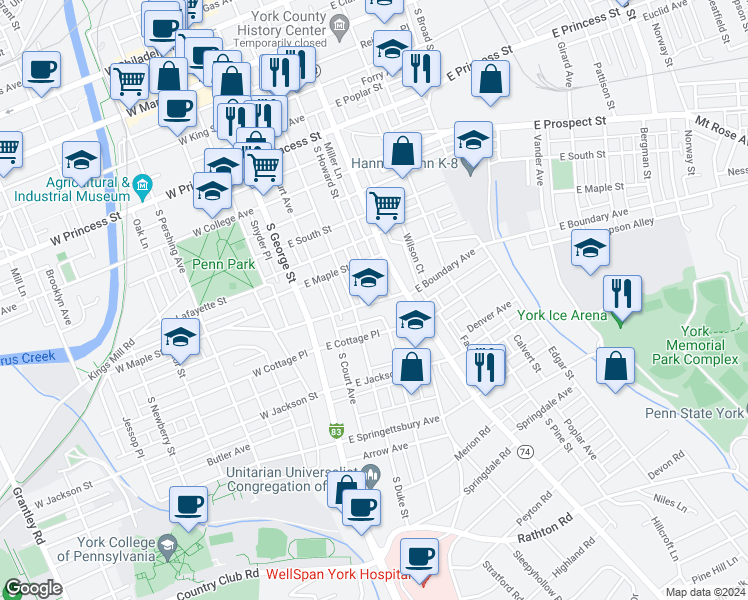 map of restaurants, bars, coffee shops, grocery stores, and more near 129 East Boundary Avenue in York