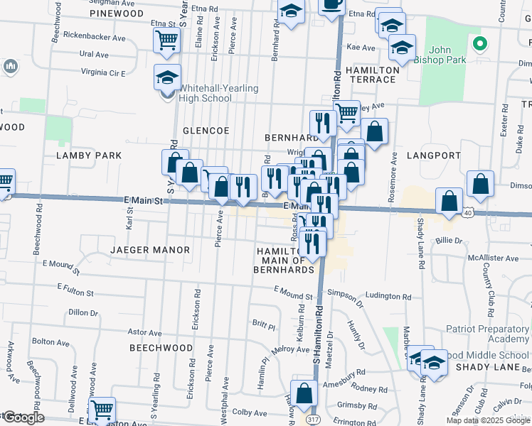 map of restaurants, bars, coffee shops, grocery stores, and more near 4371 East Main Street in Whitehall