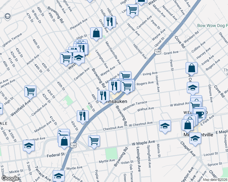 map of restaurants, bars, coffee shops, grocery stores, and more near 5052 Jackson Avenue in Pennsauken Township
