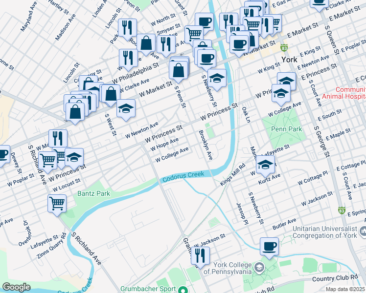 map of restaurants, bars, coffee shops, grocery stores, and more near 435 West College Avenue in York