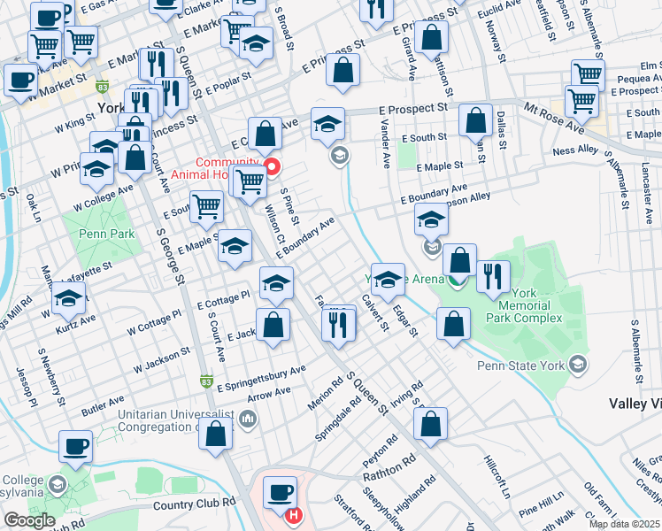 map of restaurants, bars, coffee shops, grocery stores, and more near 705 South Pine Street in York
