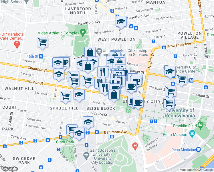 map of restaurants, bars, coffee shops, grocery stores, and more near 4043 Sansom Street in Philadelphia