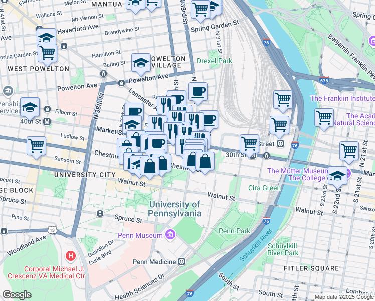 map of restaurants, bars, coffee shops, grocery stores, and more near 3300 Market Street in Philadelphia