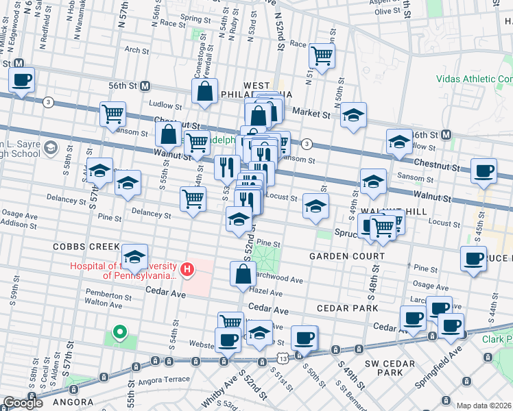 map of restaurants, bars, coffee shops, grocery stores, and more near S 52nd St & Irving St in Philadelphia