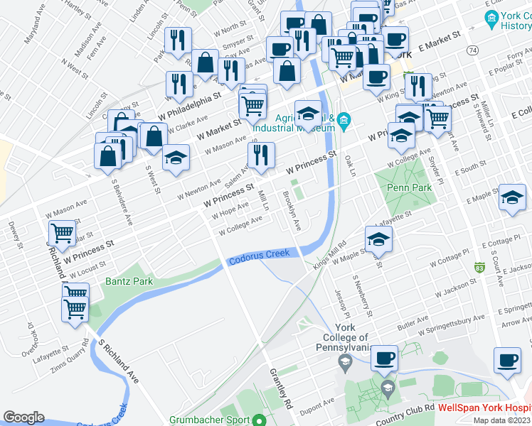 map of restaurants, bars, coffee shops, grocery stores, and more near 417 West College Avenue in York
