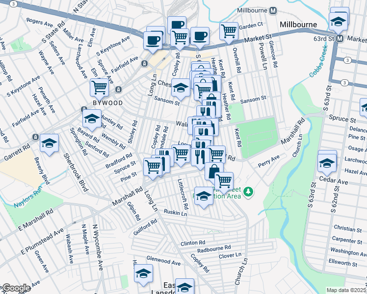 map of restaurants, bars, coffee shops, grocery stores, and more near 302 Maypole Road in Upper Darby