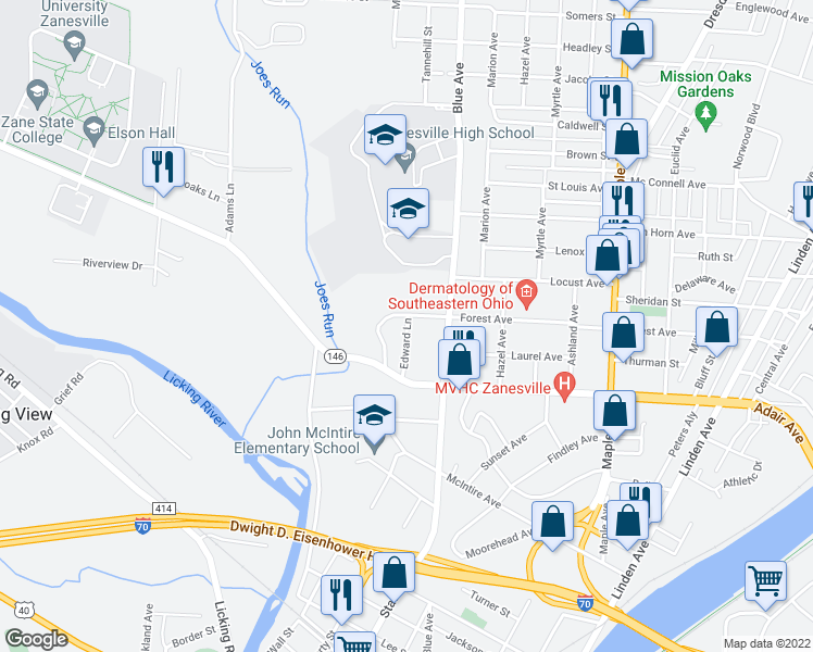 map of restaurants, bars, coffee shops, grocery stores, and more near 1267 Edward Lane in Zanesville
