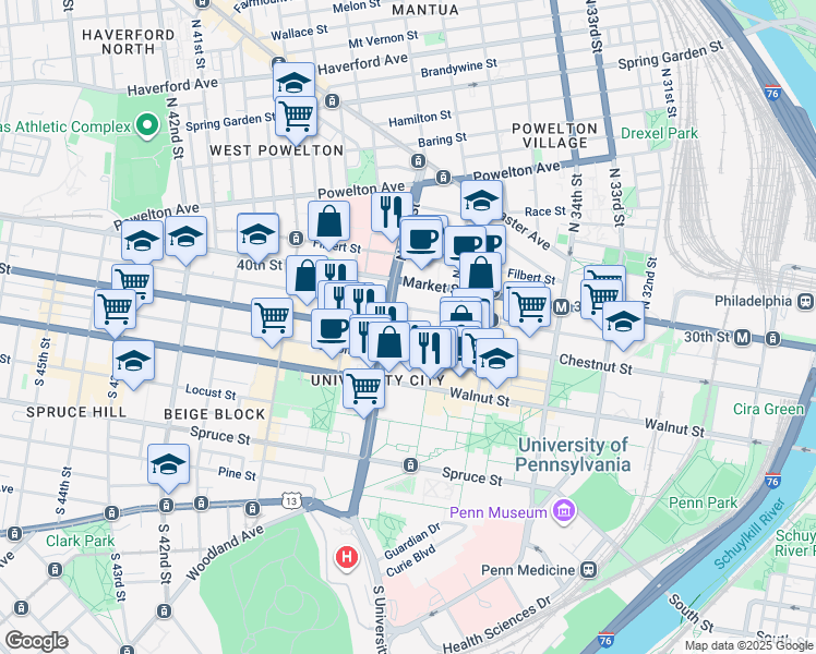 map of restaurants, bars, coffee shops, grocery stores, and more near in Philadelphia