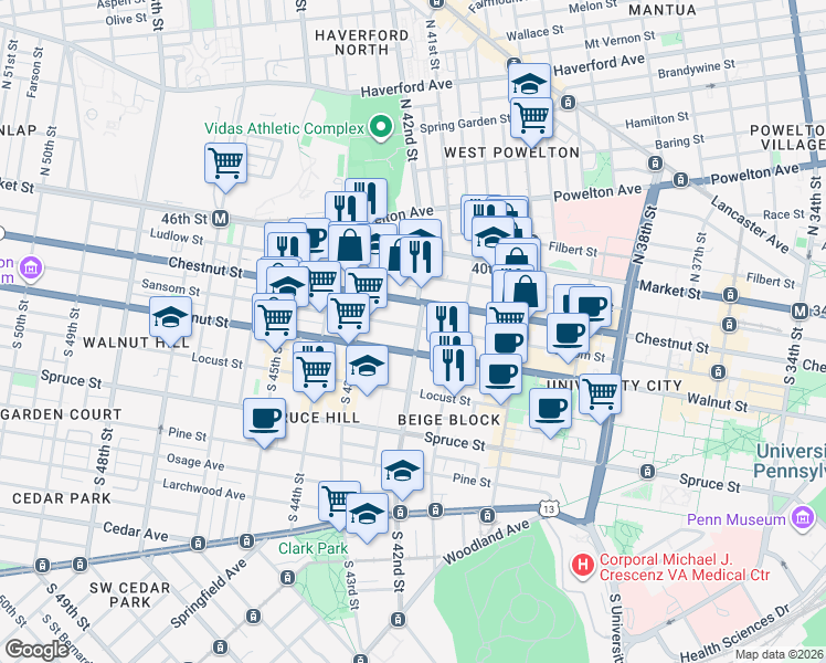 map of restaurants, bars, coffee shops, grocery stores, and more near in Philadelphia