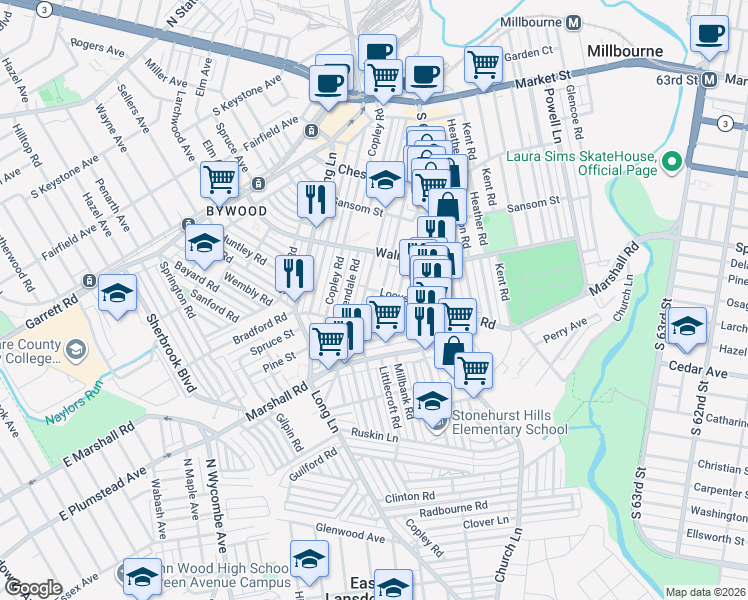 map of restaurants, bars, coffee shops, grocery stores, and more near 301 Hampden Road in Delaware County