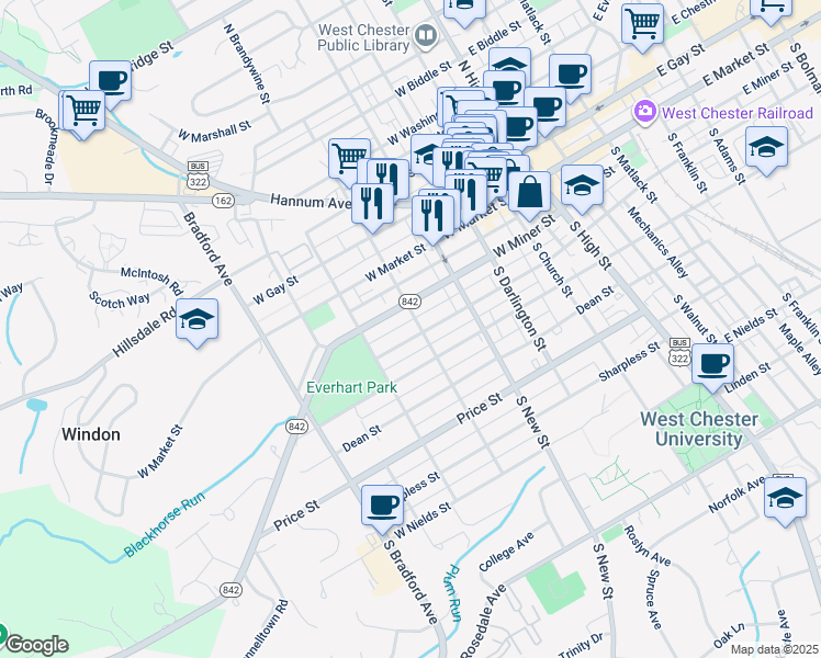 map of restaurants, bars, coffee shops, grocery stores, and more near 407 West Barnard Street in West Chester