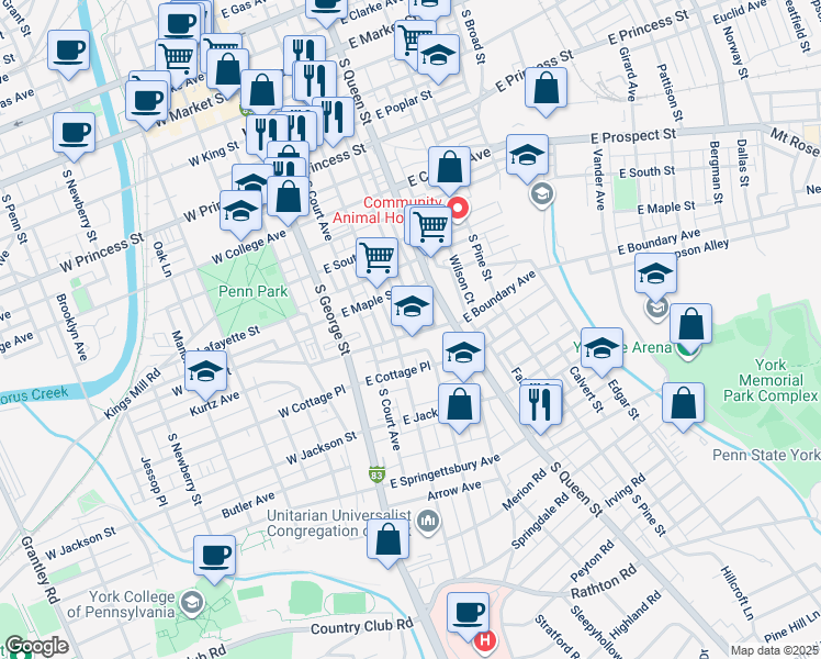 map of restaurants, bars, coffee shops, grocery stores, and more near 119 East Boundary Avenue in York