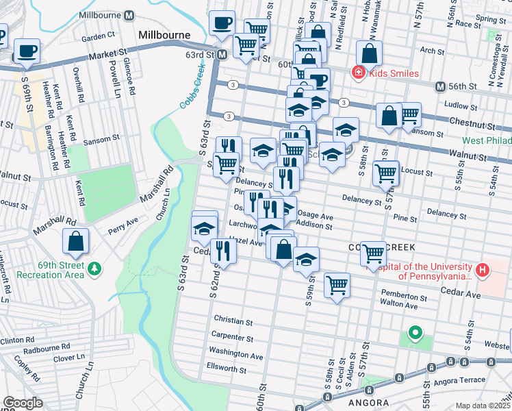 map of restaurants, bars, coffee shops, grocery stores, and more near 416 South 61st Street in Philadelphia