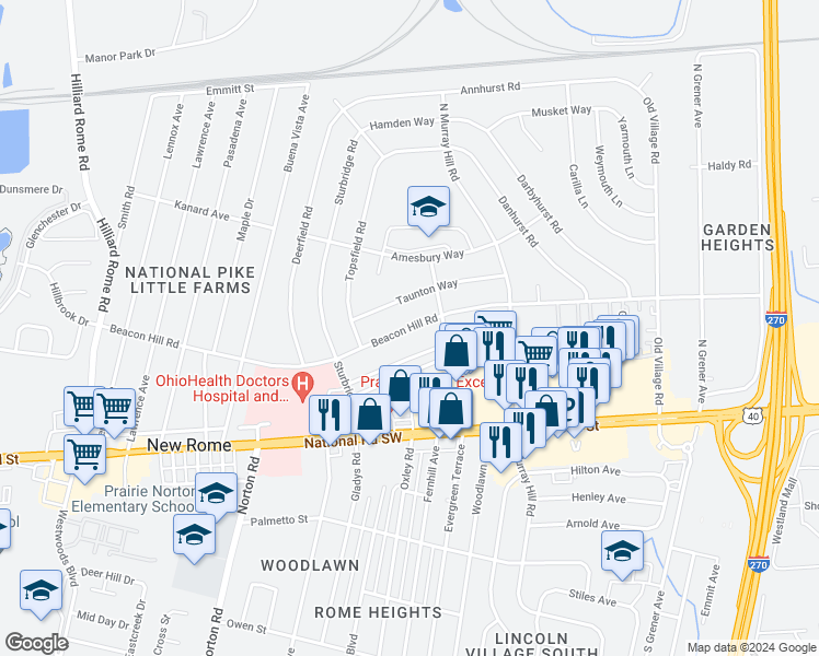 map of restaurants, bars, coffee shops, grocery stores, and more near 4957 Beacon Hill Road in Columbus