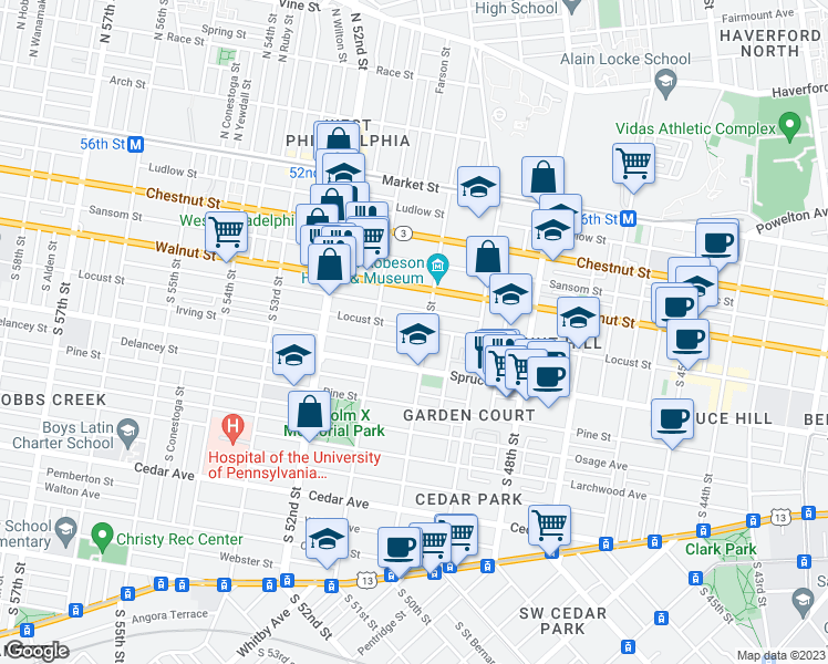 map of restaurants, bars, coffee shops, grocery stores, and more near 5010 Locust Street in Philadelphia