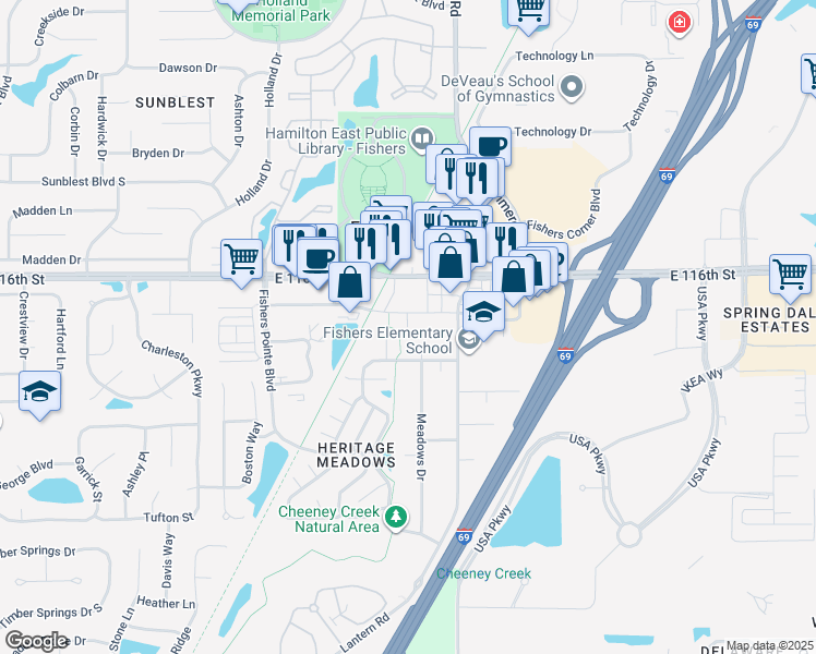 map of restaurants, bars, coffee shops, grocery stores, and more near 8681 Edison Plaza Drive in Fishers