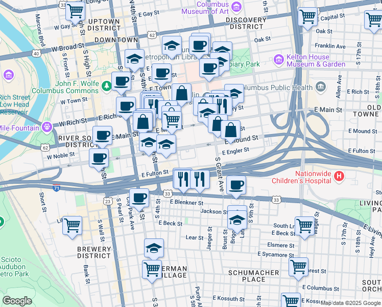 map of restaurants, bars, coffee shops, grocery stores, and more near 380 South 5th Street in Columbus