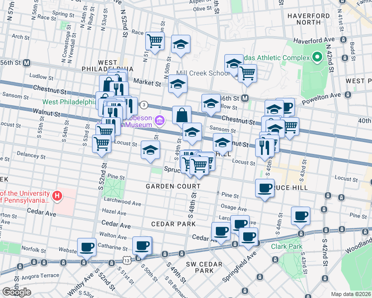 map of restaurants, bars, coffee shops, grocery stores, and more near 4815 Locust Street in Philadelphia