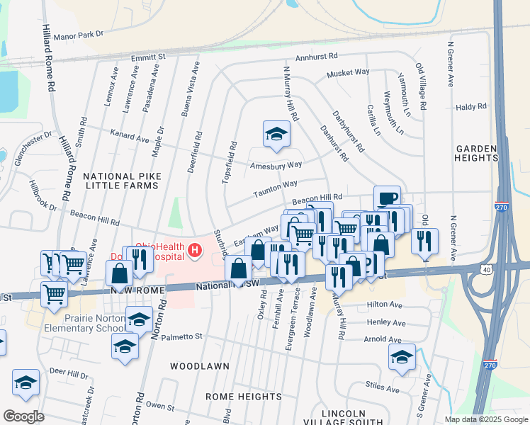map of restaurants, bars, coffee shops, grocery stores, and more near 4947 Beacon Hill Road in Columbus
