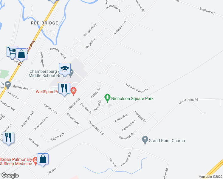 map of restaurants, bars, coffee shops, grocery stores, and more near 2048 Powell Drive in Chambersburg