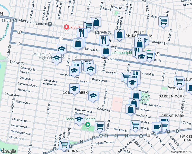 map of restaurants, bars, coffee shops, grocery stores, and more near 5536 Spruce Street in Philadelphia