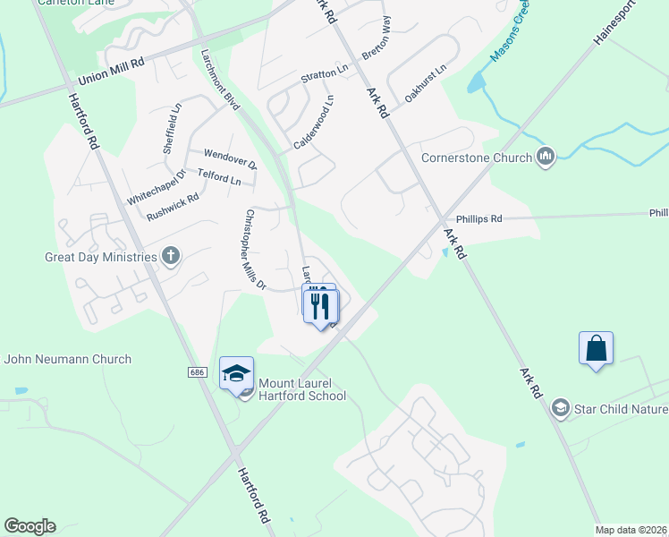 map of restaurants, bars, coffee shops, grocery stores, and more near 704B Ralston Drive in Mount Laurel Township