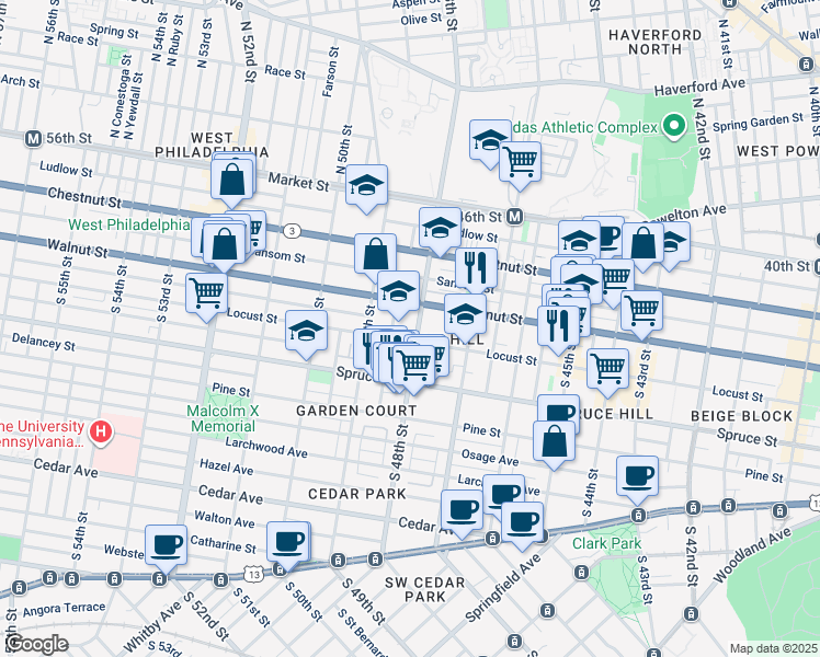 map of restaurants, bars, coffee shops, grocery stores, and more near 216 South 48th Street in Philadelphia