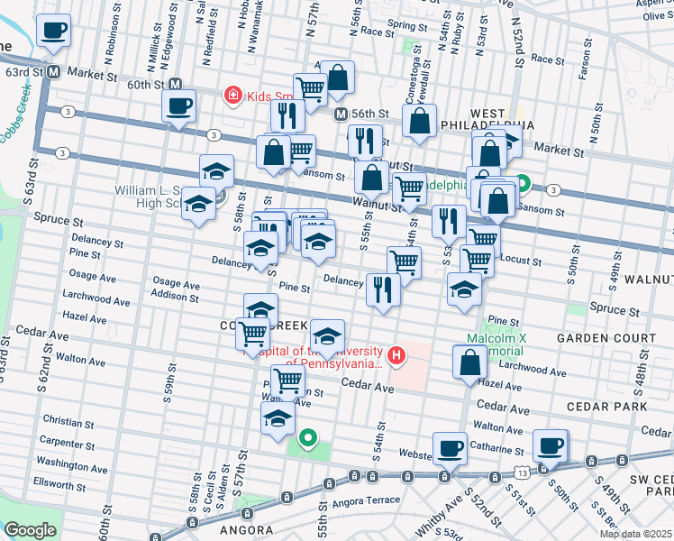 map of restaurants, bars, coffee shops, grocery stores, and more near 5536 Spruce Street in Philadelphia