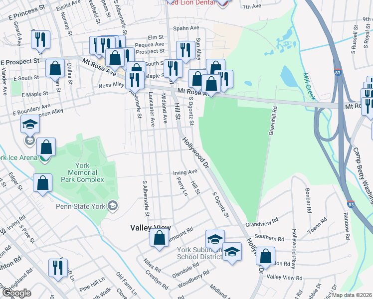 map of restaurants, bars, coffee shops, grocery stores, and more near 1395 Springdale Avenue in York