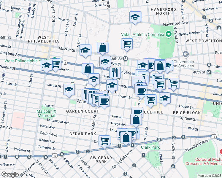 map of restaurants, bars, coffee shops, grocery stores, and more near 220 South 47th Street in Philadelphia