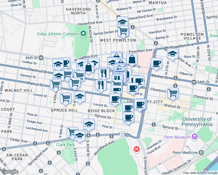 map of restaurants, bars, coffee shops, grocery stores, and more near 4039 Sansom Street in Philadelphia