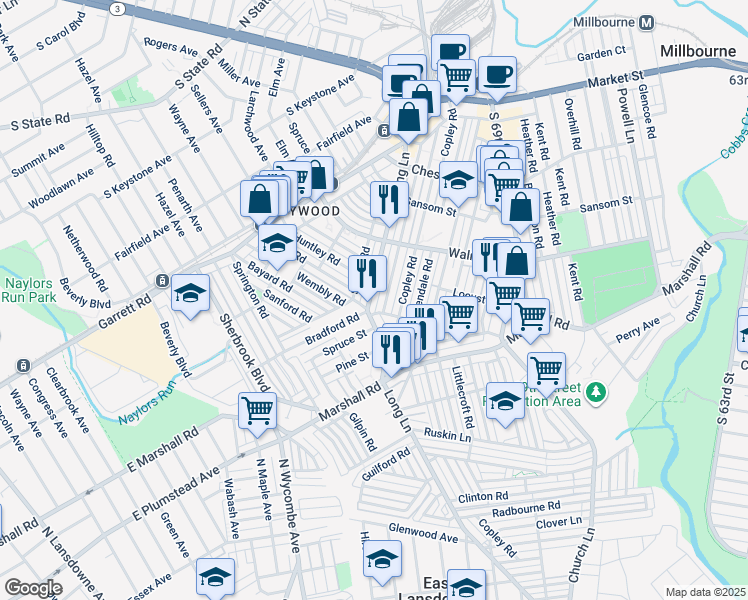 map of restaurants, bars, coffee shops, grocery stores, and more near 253 Long Lane in Delaware County