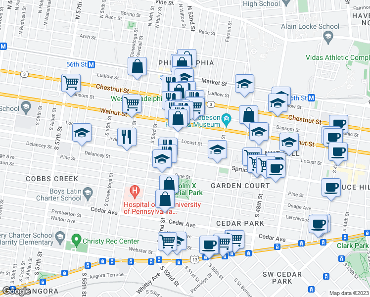 map of restaurants, bars, coffee shops, grocery stores, and more near 5129 Irving Street in Philadelphia
