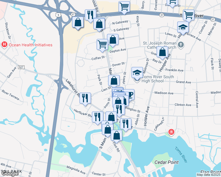 map of restaurants, bars, coffee shops, grocery stores, and more near 244 Main Street in Toms River