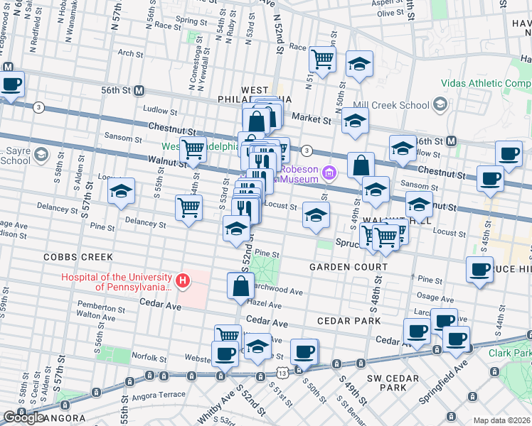 map of restaurants, bars, coffee shops, grocery stores, and more near 5132 Locust Street in Philadelphia