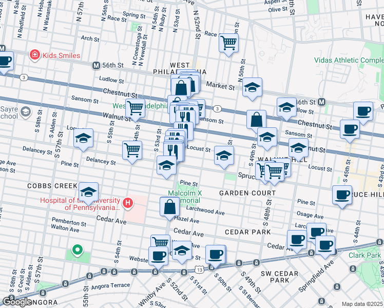 map of restaurants, bars, coffee shops, grocery stores, and more near 5125 Irving Street in Philadelphia