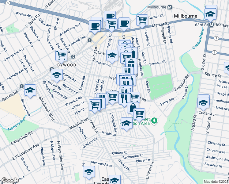 map of restaurants, bars, coffee shops, grocery stores, and more near 302 Maypole Road in Upper Darby
