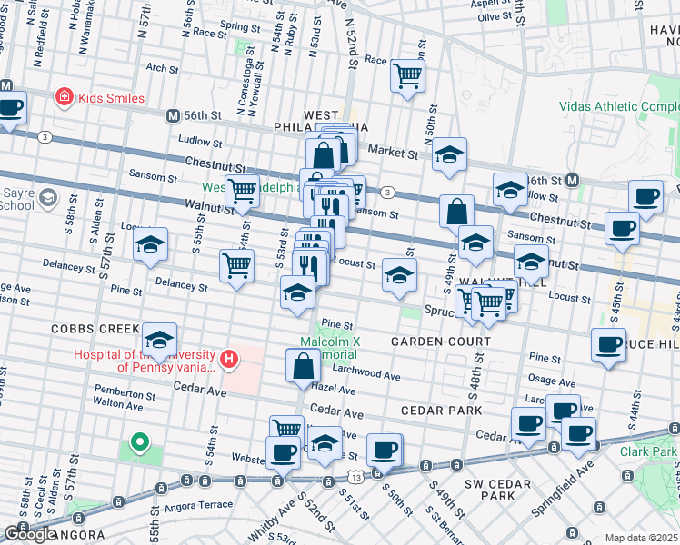 map of restaurants, bars, coffee shops, grocery stores, and more near 5129 Irving Street in Philadelphia