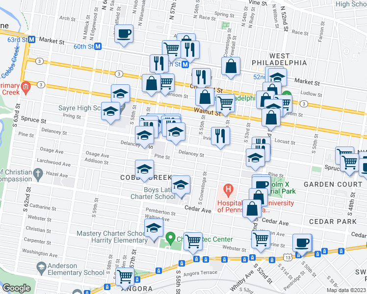 map of restaurants, bars, coffee shops, grocery stores, and more near 5544 Spruce Street in Philadelphia