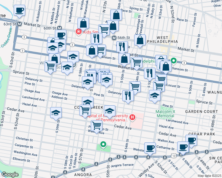 map of restaurants, bars, coffee shops, grocery stores, and more near 5546 Spruce Street in Philadelphia