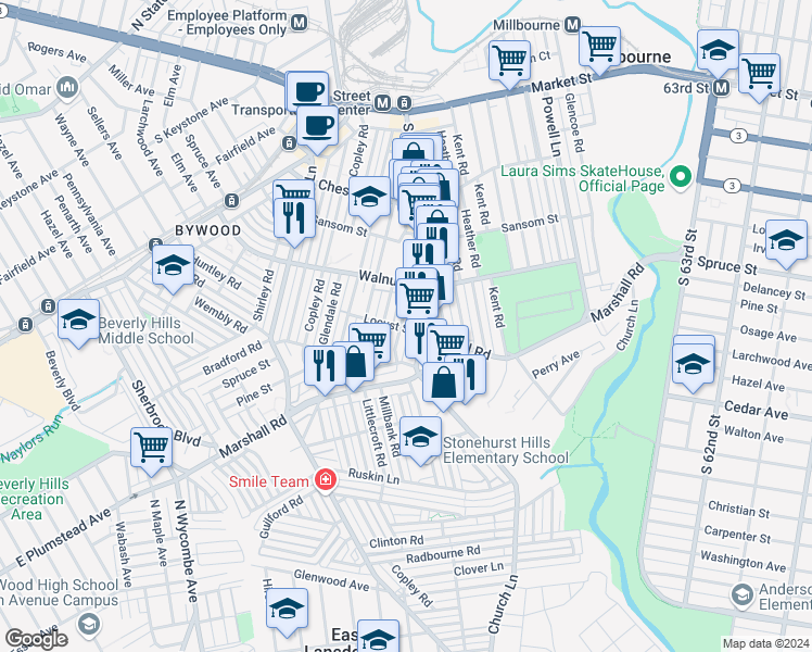 map of restaurants, bars, coffee shops, grocery stores, and more near 253 Wiltshire Road in Delaware County
