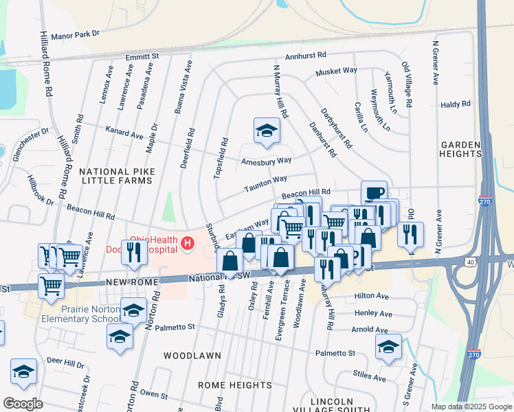 map of restaurants, bars, coffee shops, grocery stores, and more near 4943 Beacon Hill Road in Columbus
