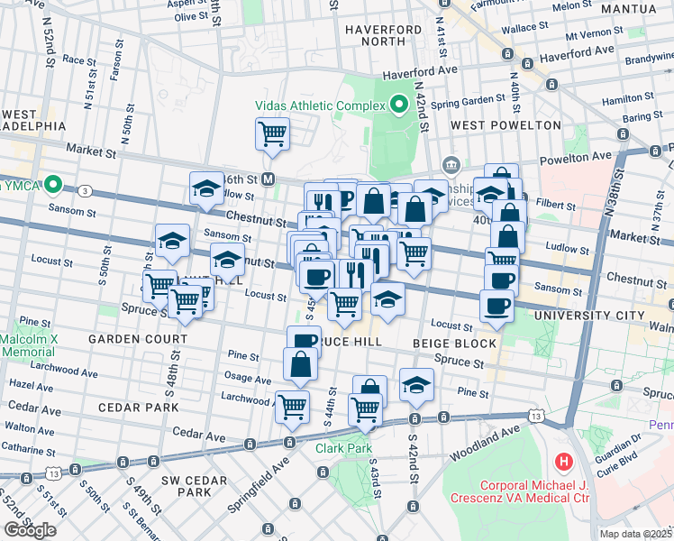map of restaurants, bars, coffee shops, grocery stores, and more near 4413 Walnut Street in Philadelphia