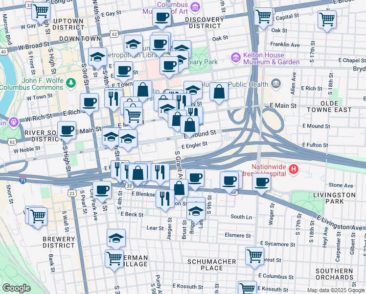 map of restaurants, bars, coffee shops, grocery stores, and more near 374 East Engler Street in Columbus