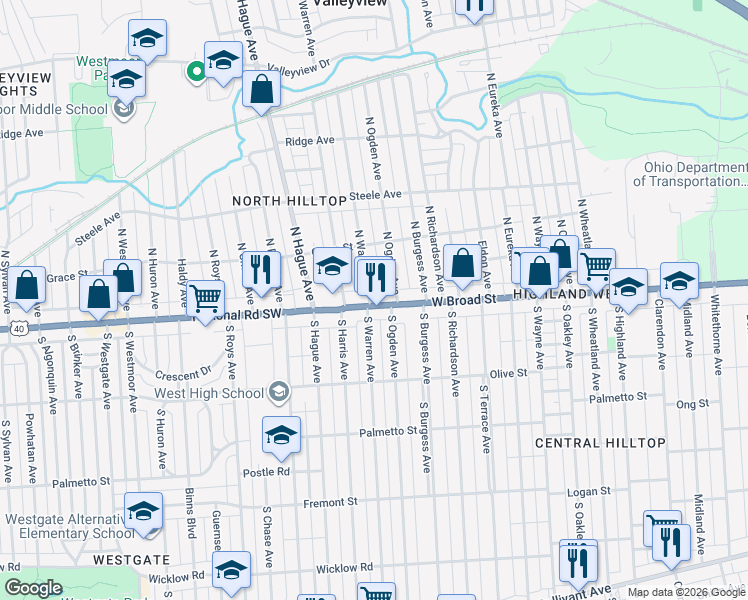 map of restaurants, bars, coffee shops, grocery stores, and more near 2655 National Road Southwest in Columbus