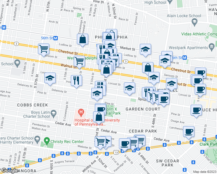 map of restaurants, bars, coffee shops, grocery stores, and more near 5137 Irving Street in Philadelphia