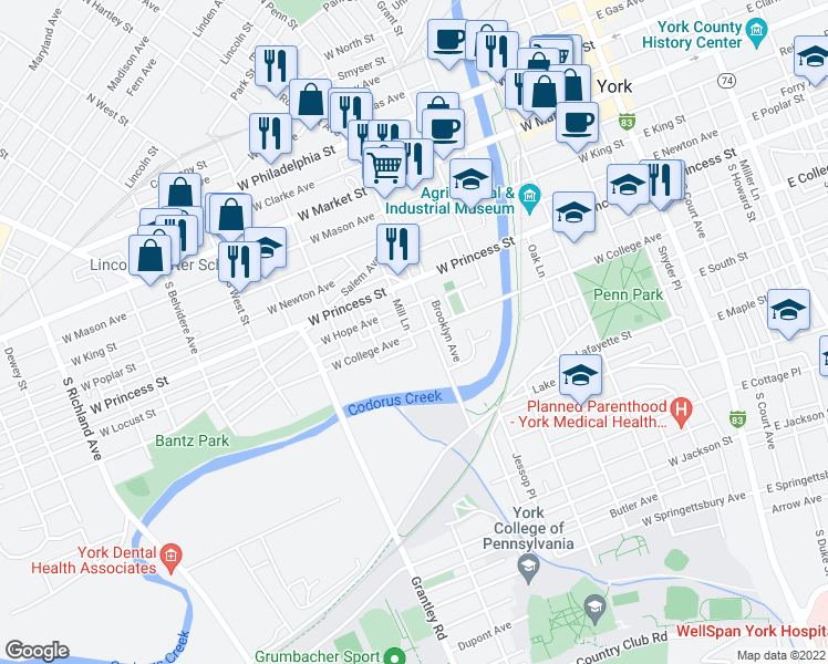 map of restaurants, bars, coffee shops, grocery stores, and more near 302 South Penn Street in York