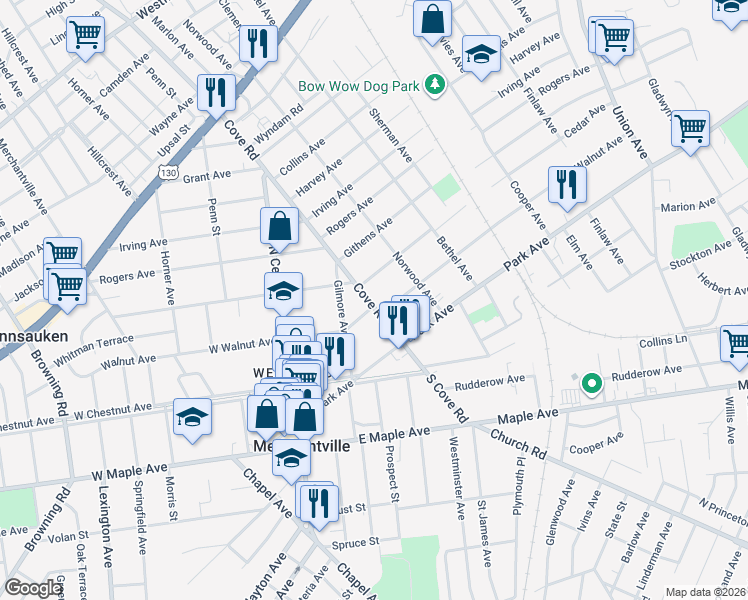 map of restaurants, bars, coffee shops, grocery stores, and more near 6525 Walnut Avenue in Pennsauken Township