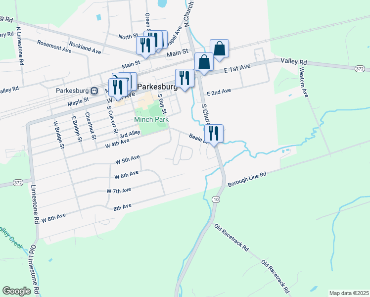 map of restaurants, bars, coffee shops, grocery stores, and more near 111 West Street in Parkesburg